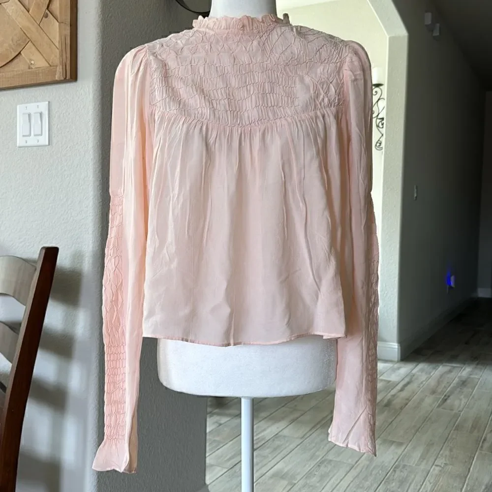 NWOT Free People Smocked In Time Top Ruffled High Neck Long Sleeves XS Feminine